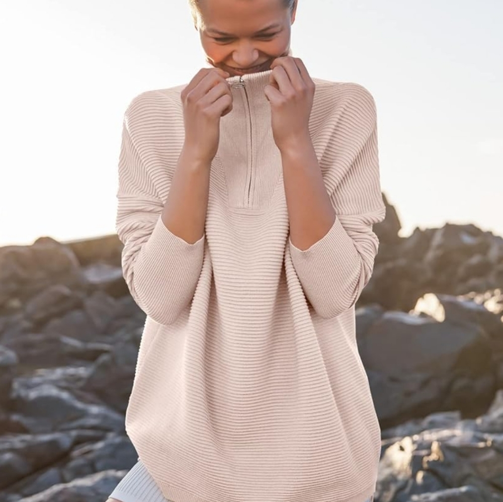 Quarter Zip Ribbed Pullover Top Beige Tan Large - Picture 5 of 13